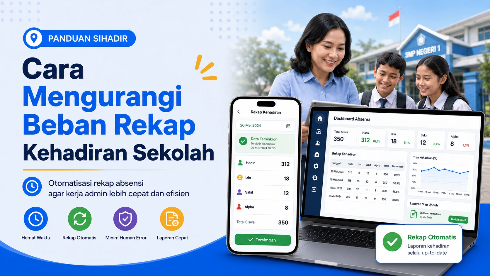 Thumbnail rekap kehadiran real-time sekolah dengan visual laporan dashboard.