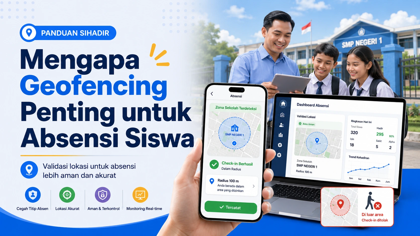 Thumbnail geofencing absensi siswa dengan ilustrasi radius lokasi sekolah.